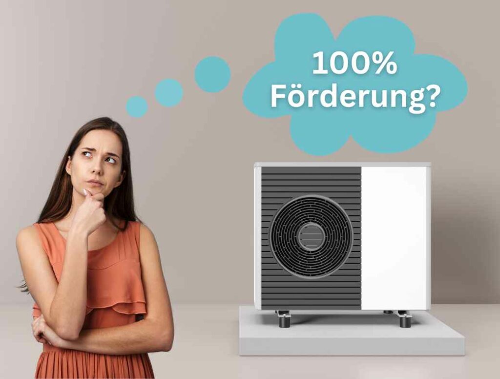 Frau überlegt, wie sie 100% Förderung für ihre neue Wärmepumpe bekommt